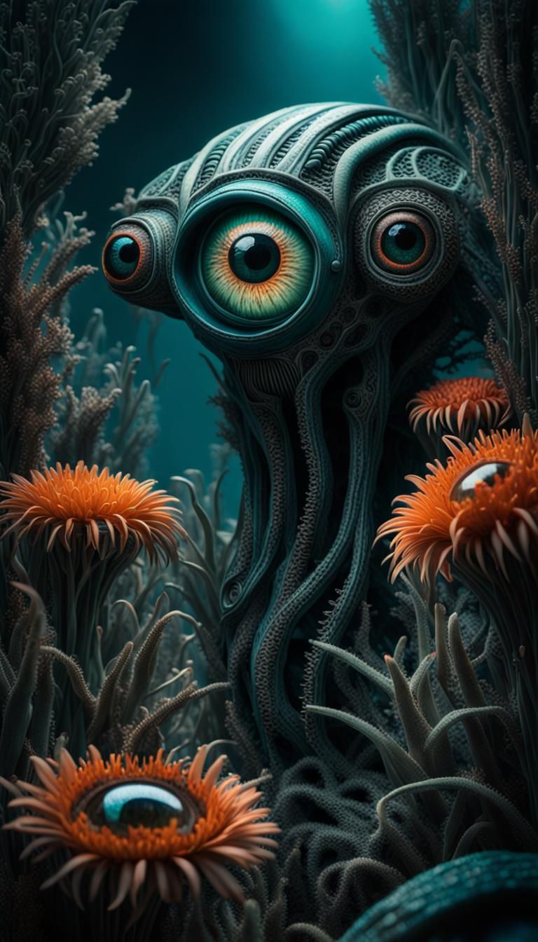 Surreal Deep Sea Landscape with Giger-Inspired Flora