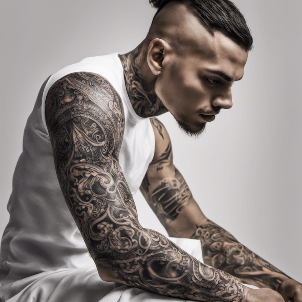 Detailed Arm Tattoo Design on White: Hyperrealistic HDR