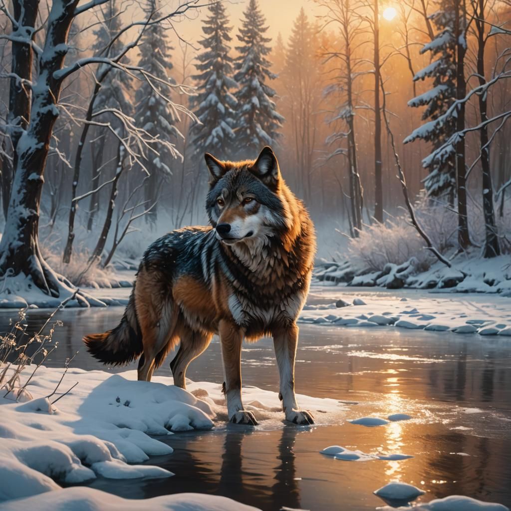 Wolf in Snowy Forest: Cinematic Oil Painting