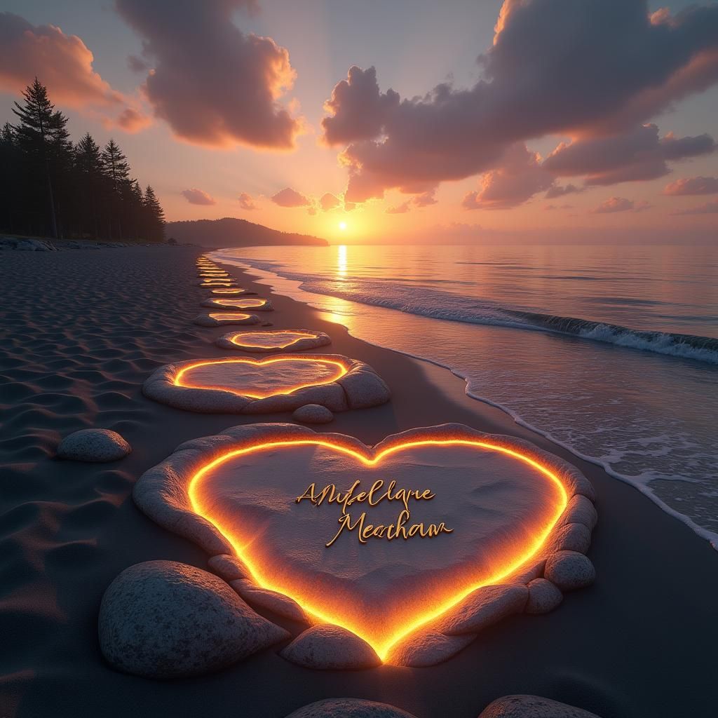 Sunset Beach with Heart-Shaped Path, Digital Art