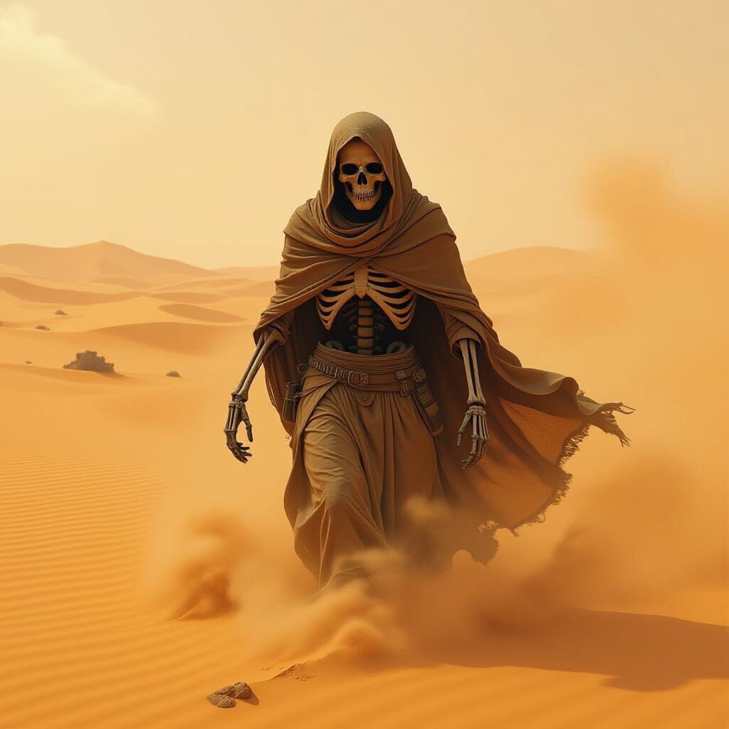 Tattered Skeleton Emerges From Desert Sandstorm