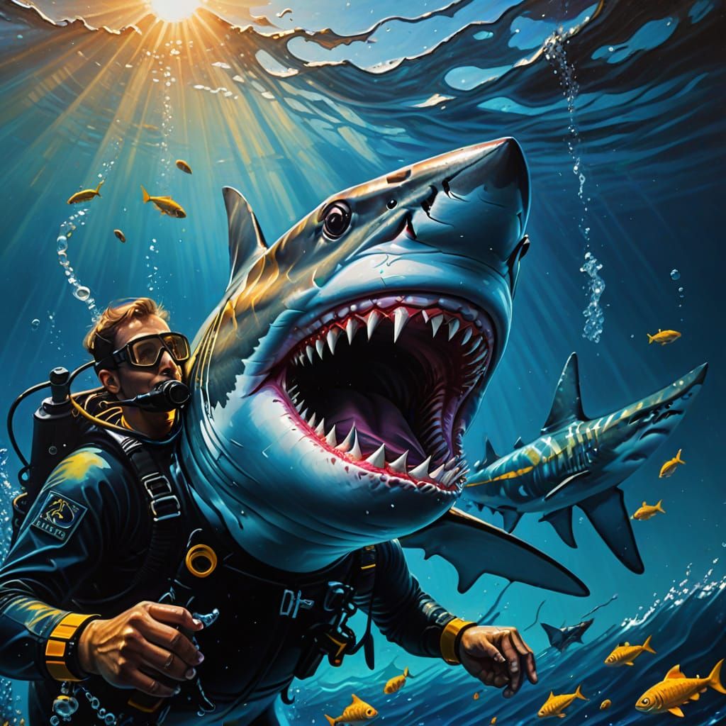 Shark Attack in Dark Surreal Oil Painting