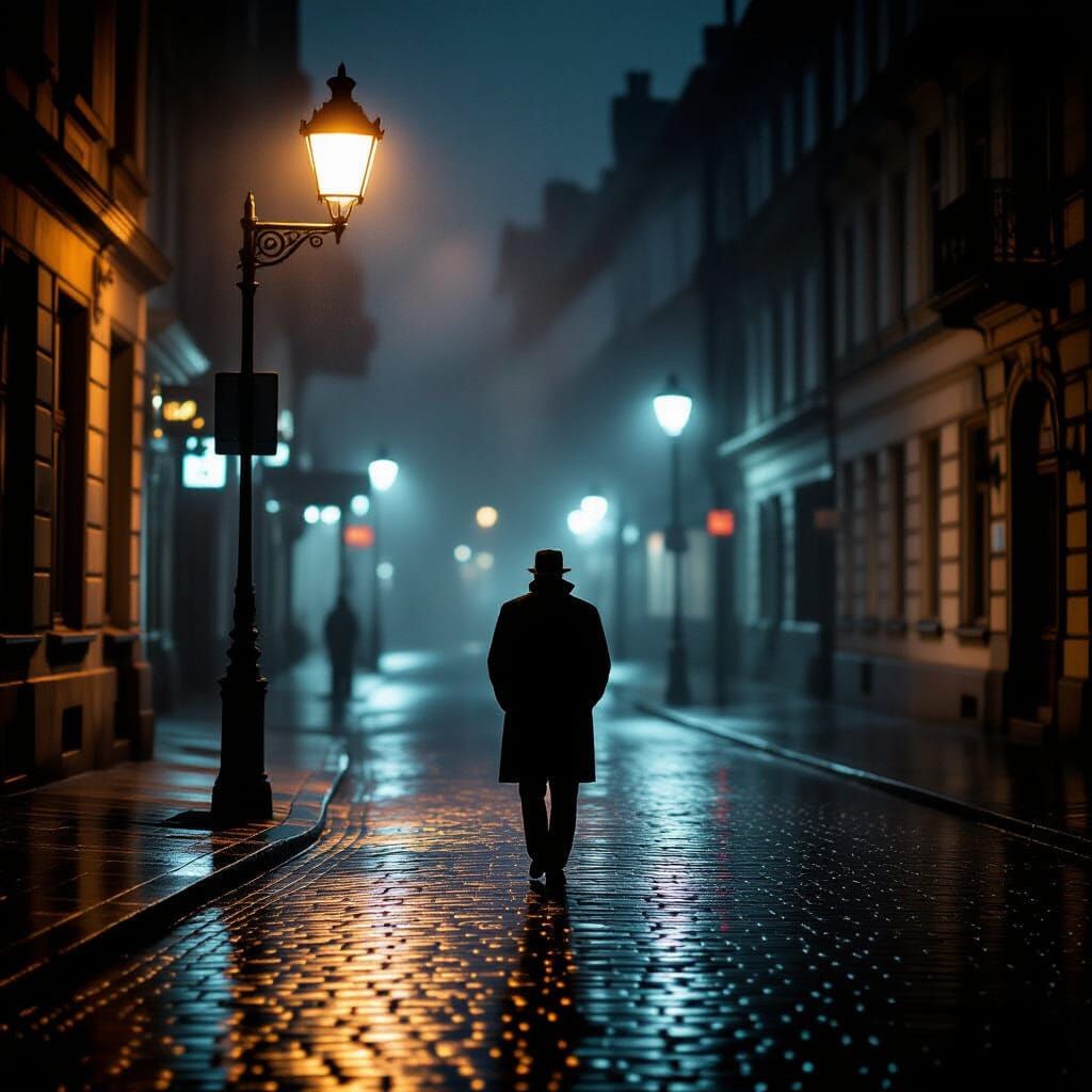 Noir Scene: Solitary Man in Rain-Soaked City