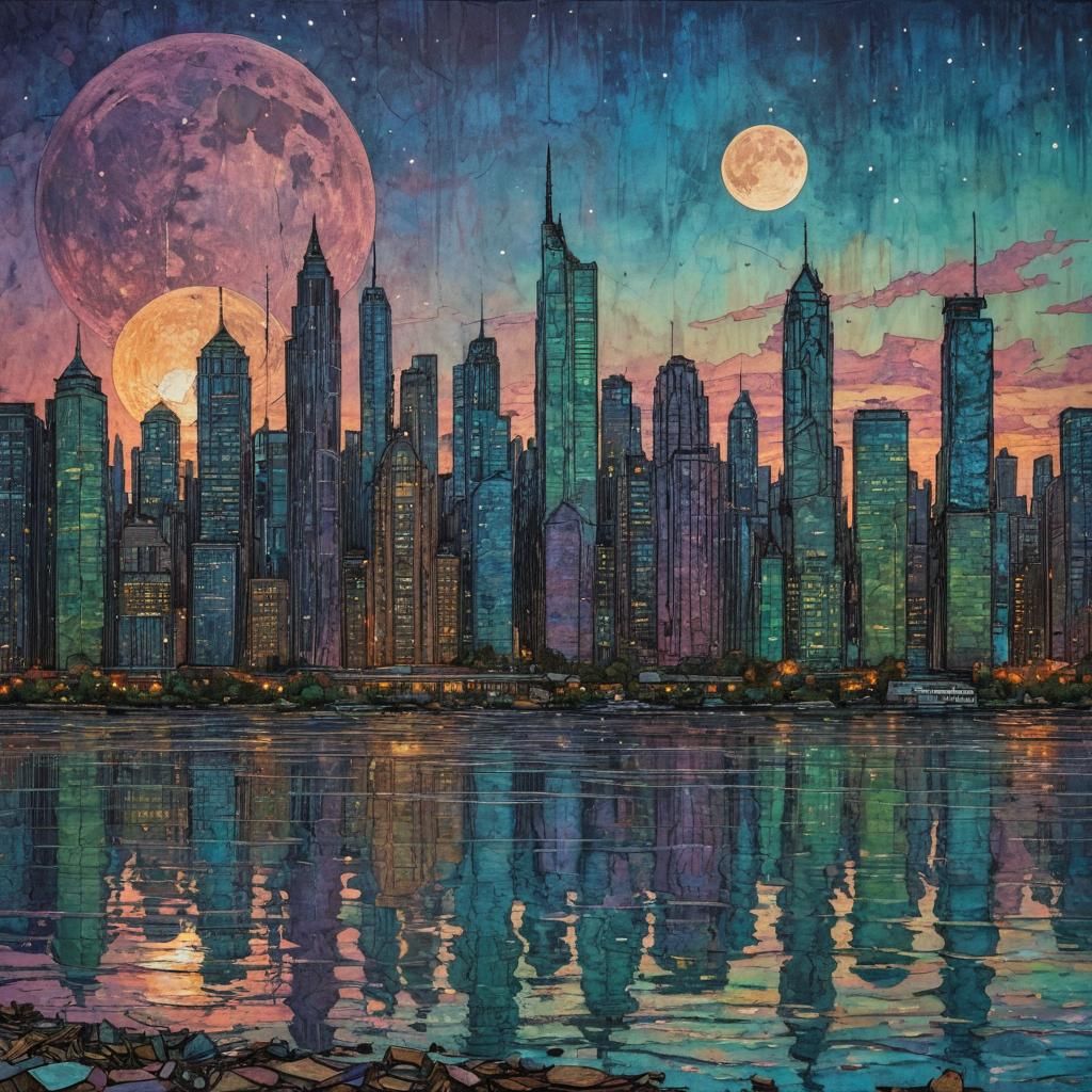 Cityscape Sunset with Impasto Alcohol Ink Textures