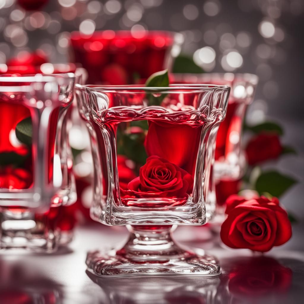 Detailed Red Glassware with Embedded Rose Art
