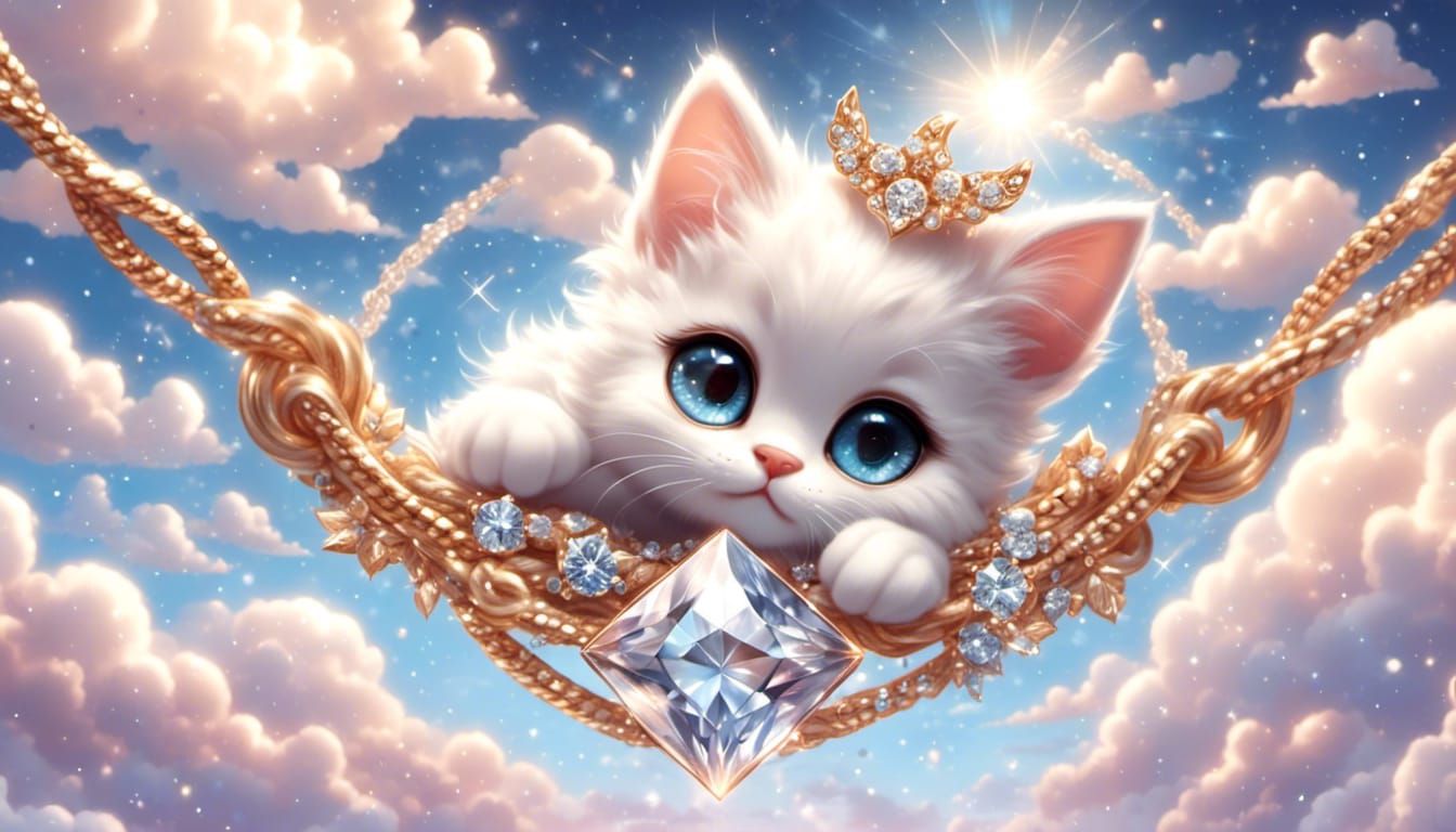<lora:Glitter and Diamonds:1.0> <lora:SuperHyperrealism:1.0> soft chibi kitten on a diamond cloud with gold rope