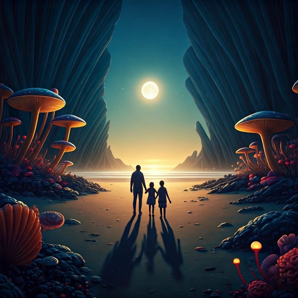 Family Strolls on a Magical Moonlit Beach
