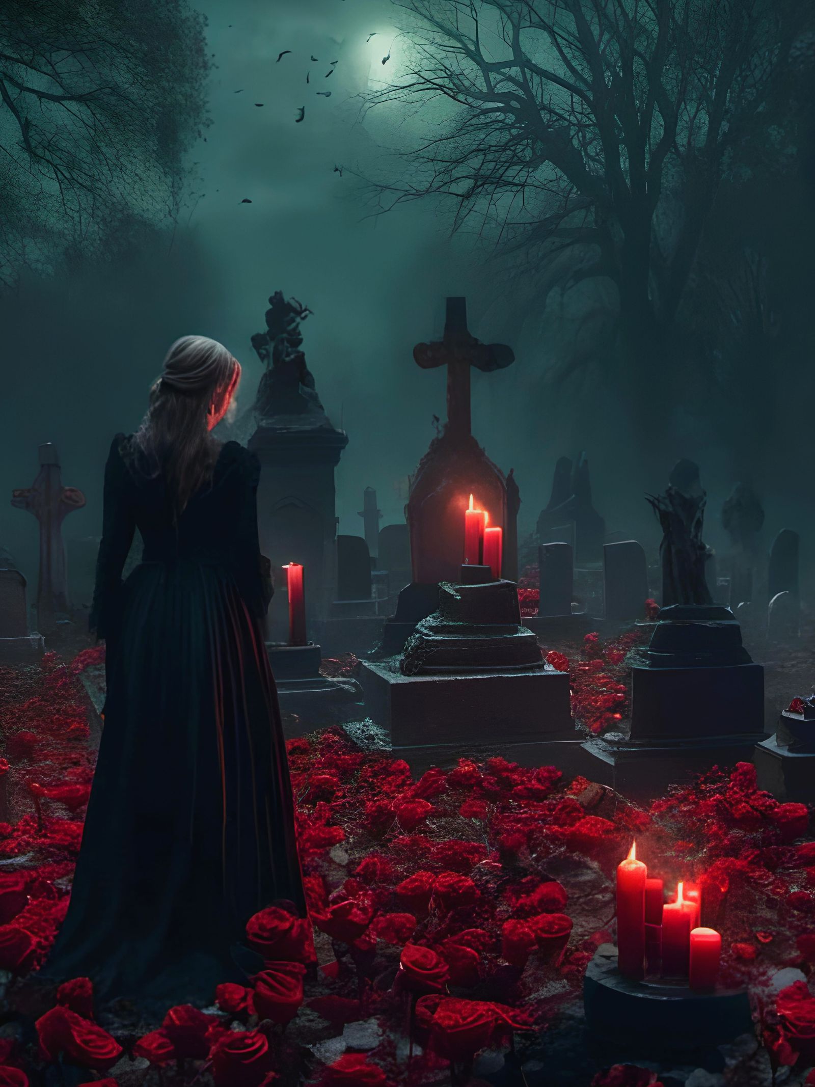 Foggy Graveyard with Ghostly Apparitions and Red Roses
