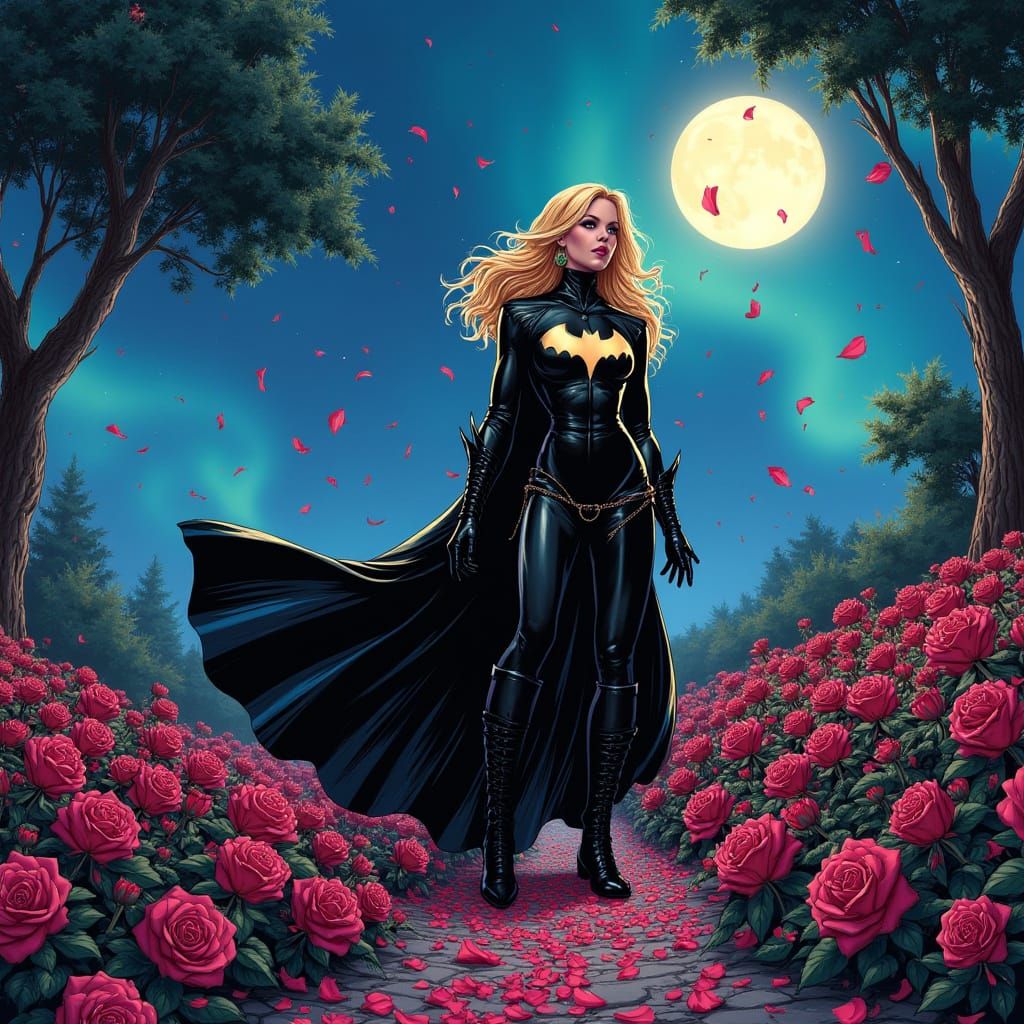 Superheroes in Rose Garden Under Aurora Borealis