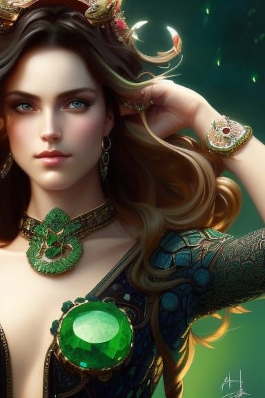 Brunette Woman Portrait with Rings, Gems in Hyperdetailed St...