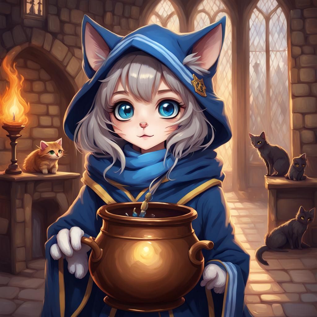 Anime Cat Girl at Hogwarts in Oil Painting Style