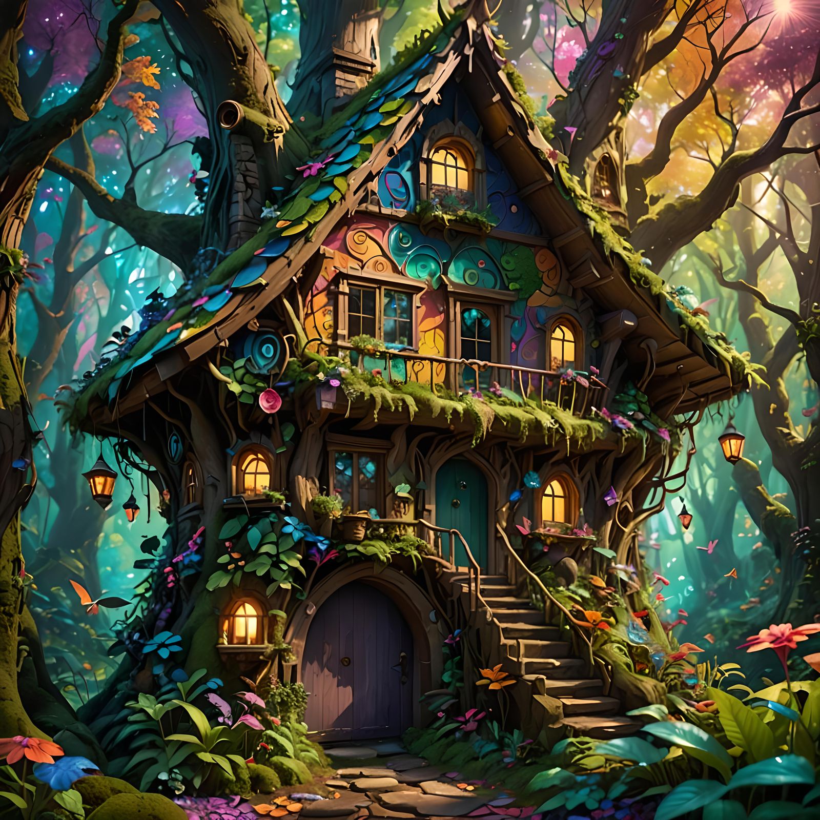 Faerie house in a Psychedelic fantasy forest, Hyperrealistic...