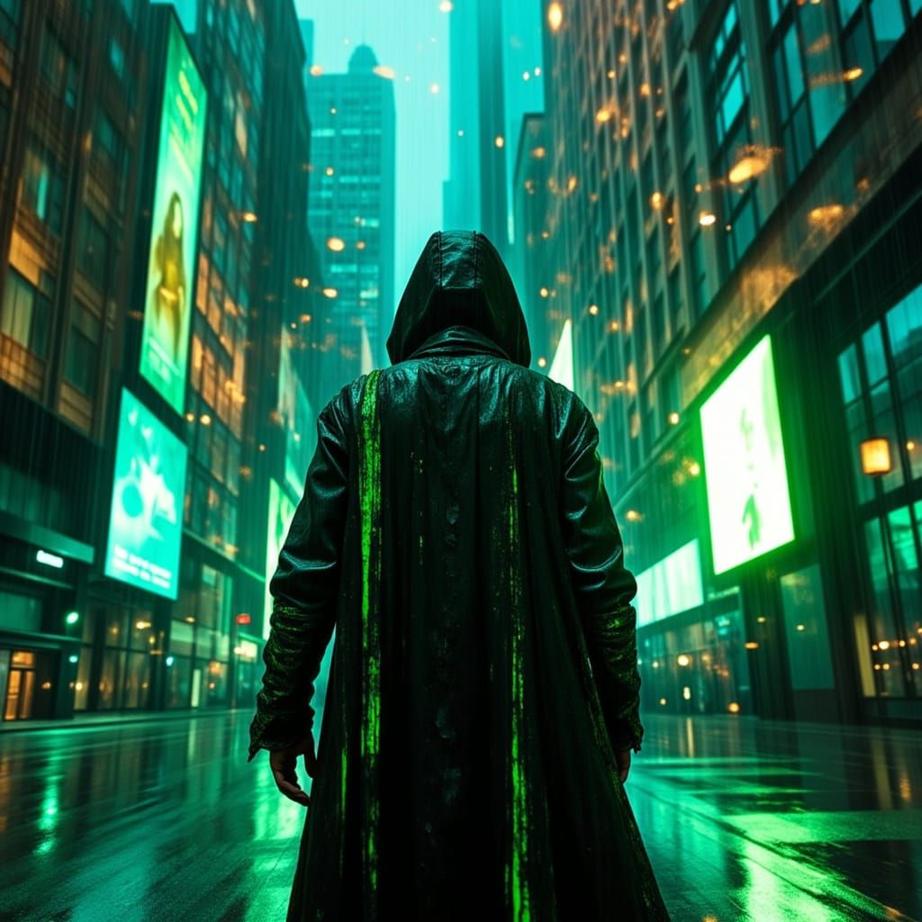 Cyberpunk Figure in Rainy Cityscape, Futuristic Style