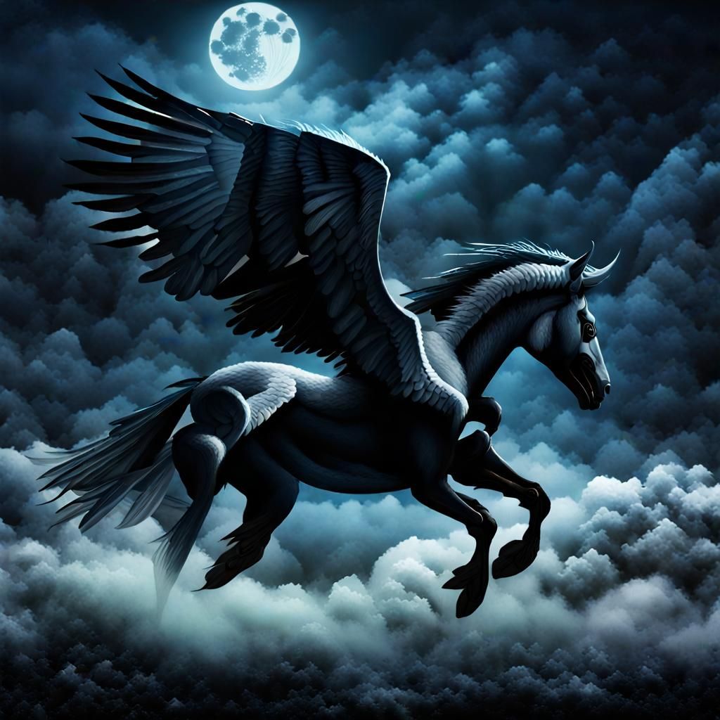 Dark Pegasus Soars Through Mysterious Fog