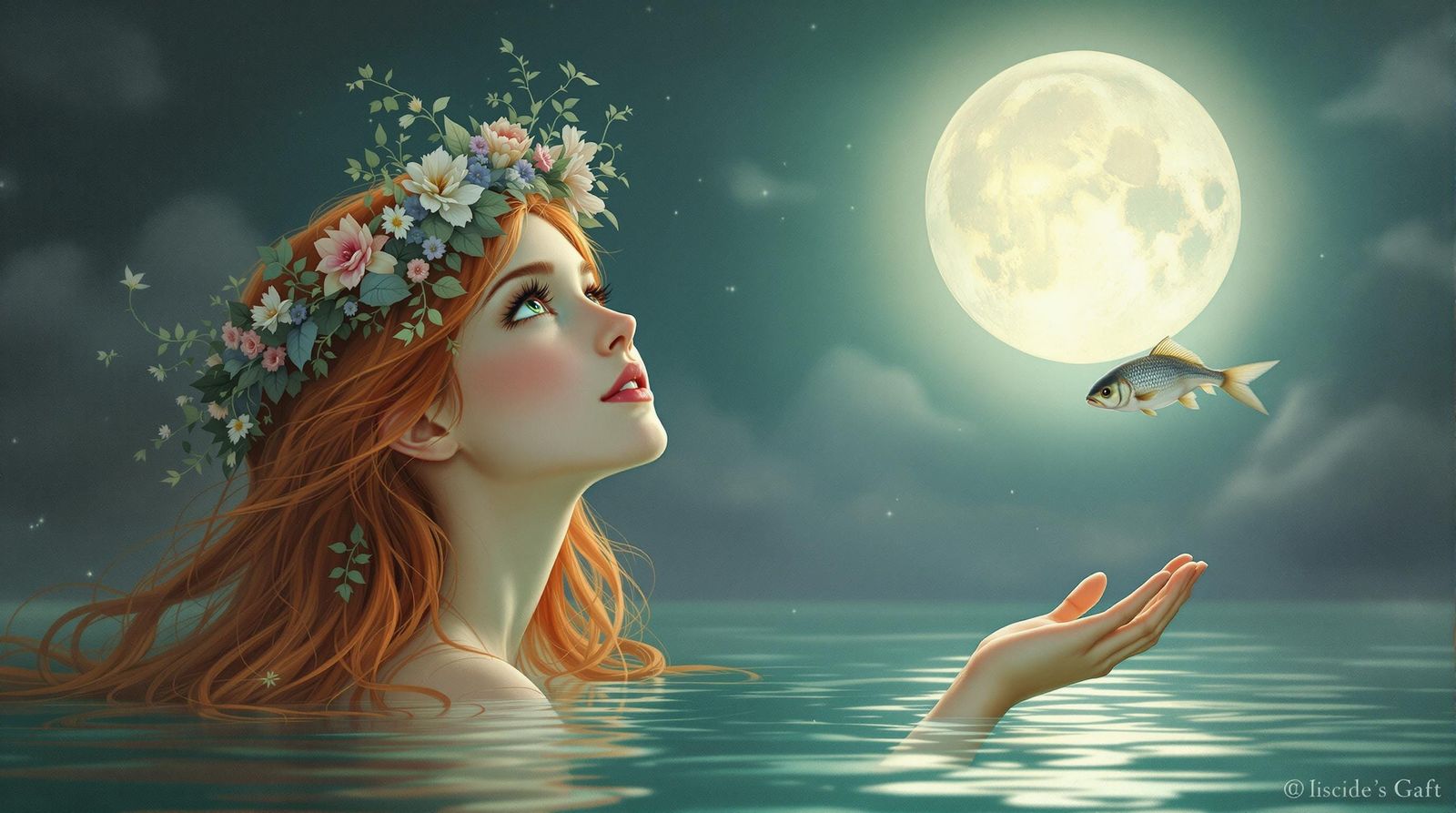 Young Woman in Moonlit Whimsy, with Wildflowers and Ivy Crow...