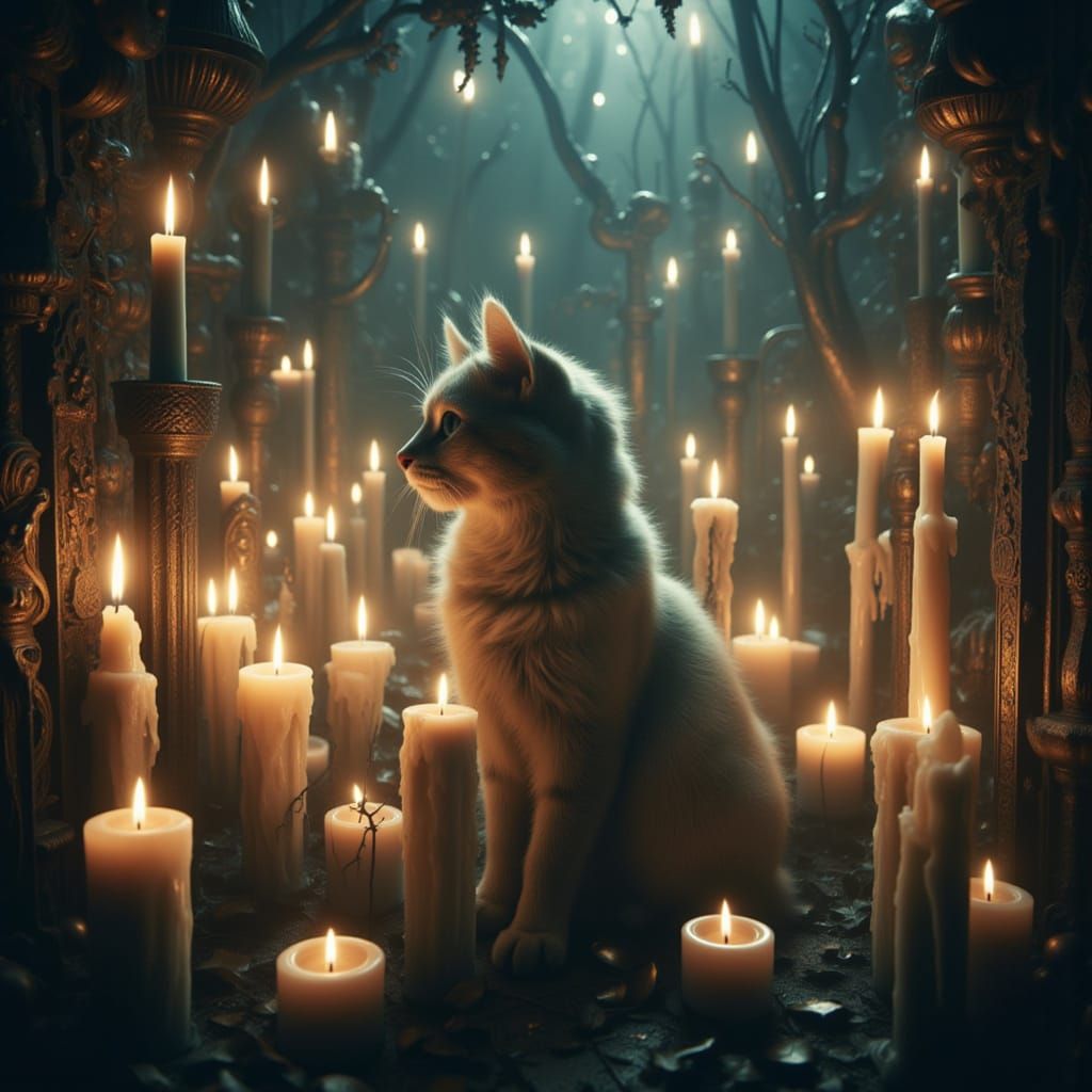 Mystical Candlelight Cat in Dreamy Fantasy Art