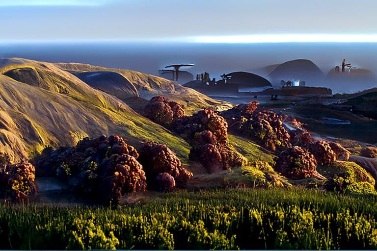 Dantooine Sunset: Hudson River School Sci-Fi Village