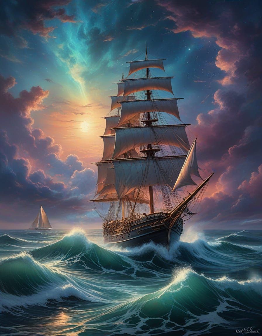 Surreal Sailboat Under a Cosmic Nebula in Twilight