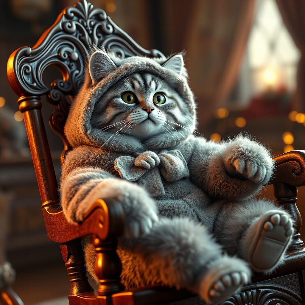 Surreal Silvertabby Cat in Cozy Fantasy Rocking Chair Scene