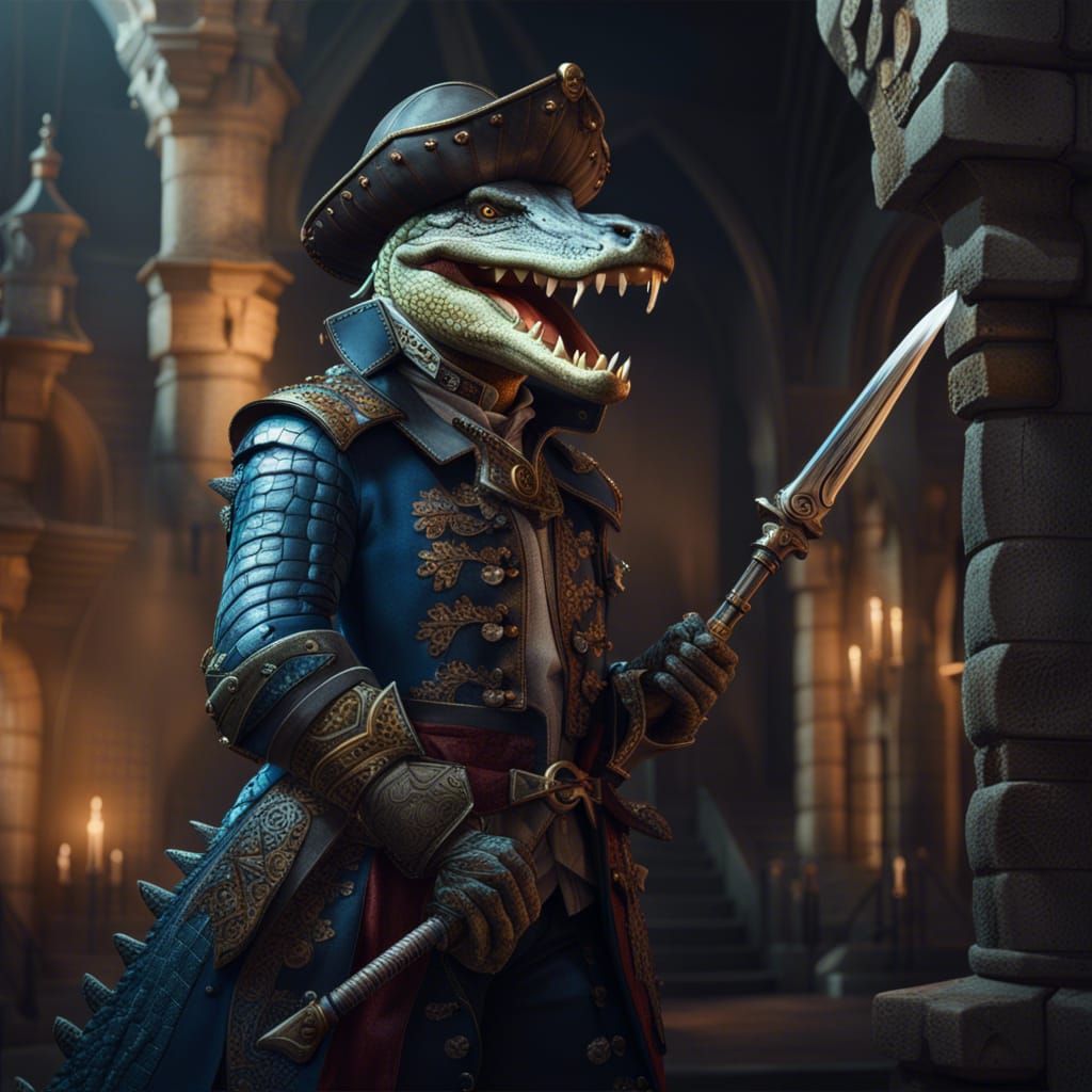 Crocodile Musketeer Guarding Castle in Detailed Painting