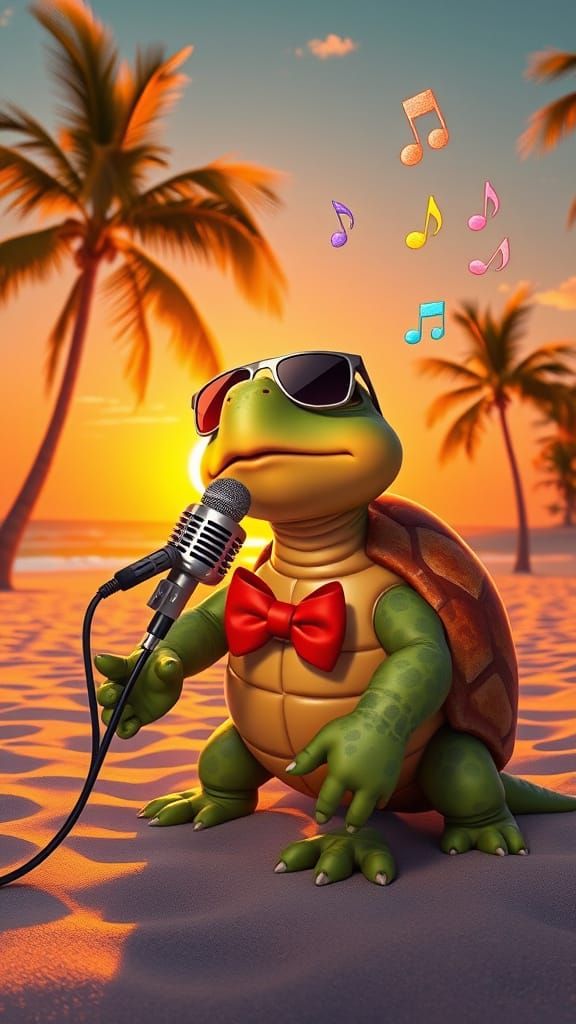 Cartoon Turtle Crooner on Sunset Beach: Animated Style