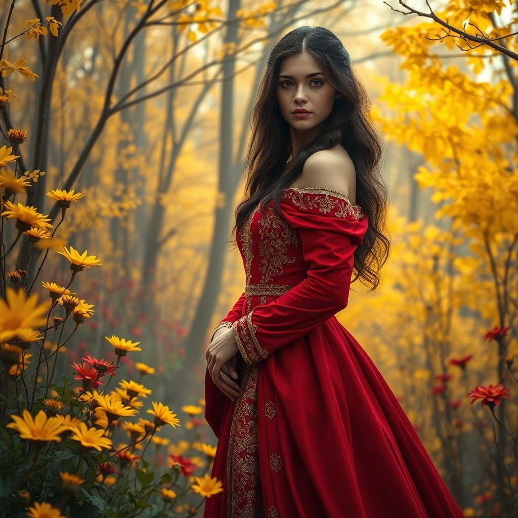 Woman in Red Gown Amidst Autumnal Forest, Art Nouveau