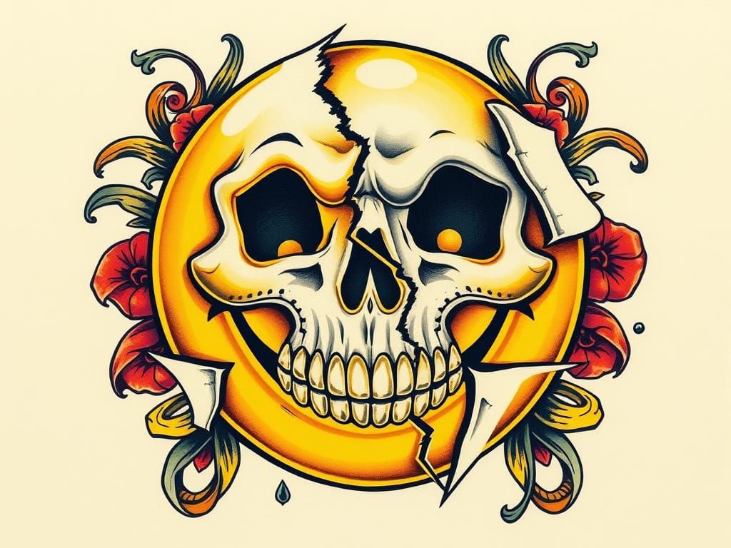 Smiley Face Skull in Baroque Tattoo Style