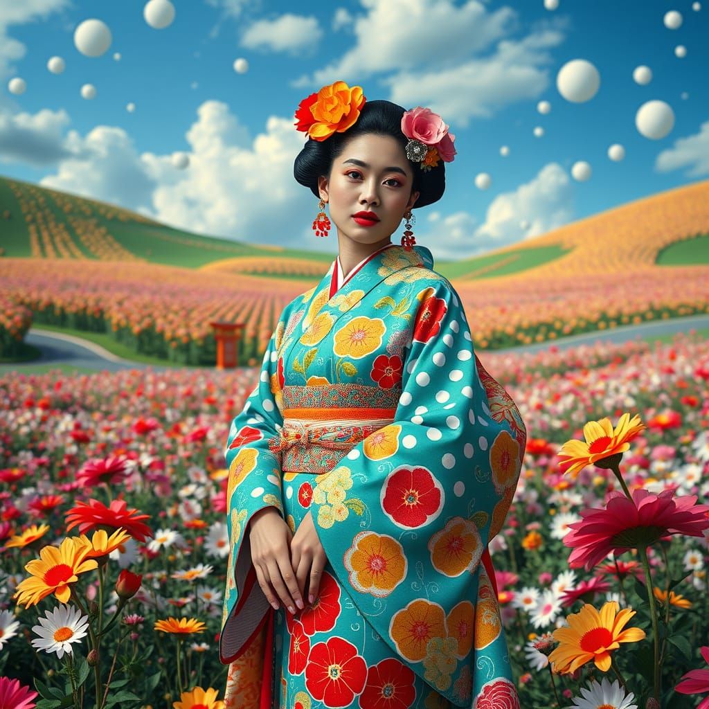 Woman in Kimono: Surreal Pop Art Landscape