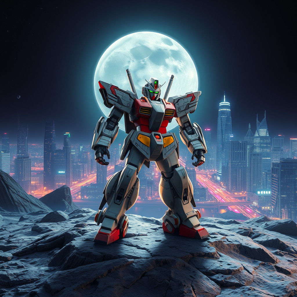 Gundam Robot on Moon with Cyberpunk Cityscape
