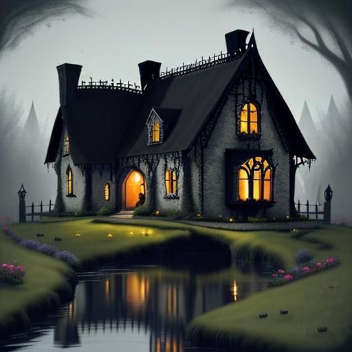 Elegant Gothic Cottage with Moat: A Cute Goth Scene