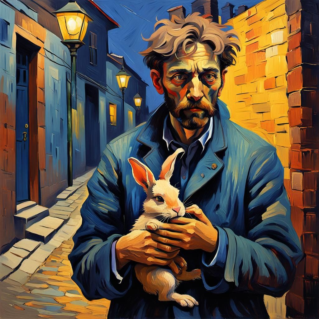 Fauvist Portrait of a Man in Alleyway with Rabbit Foot