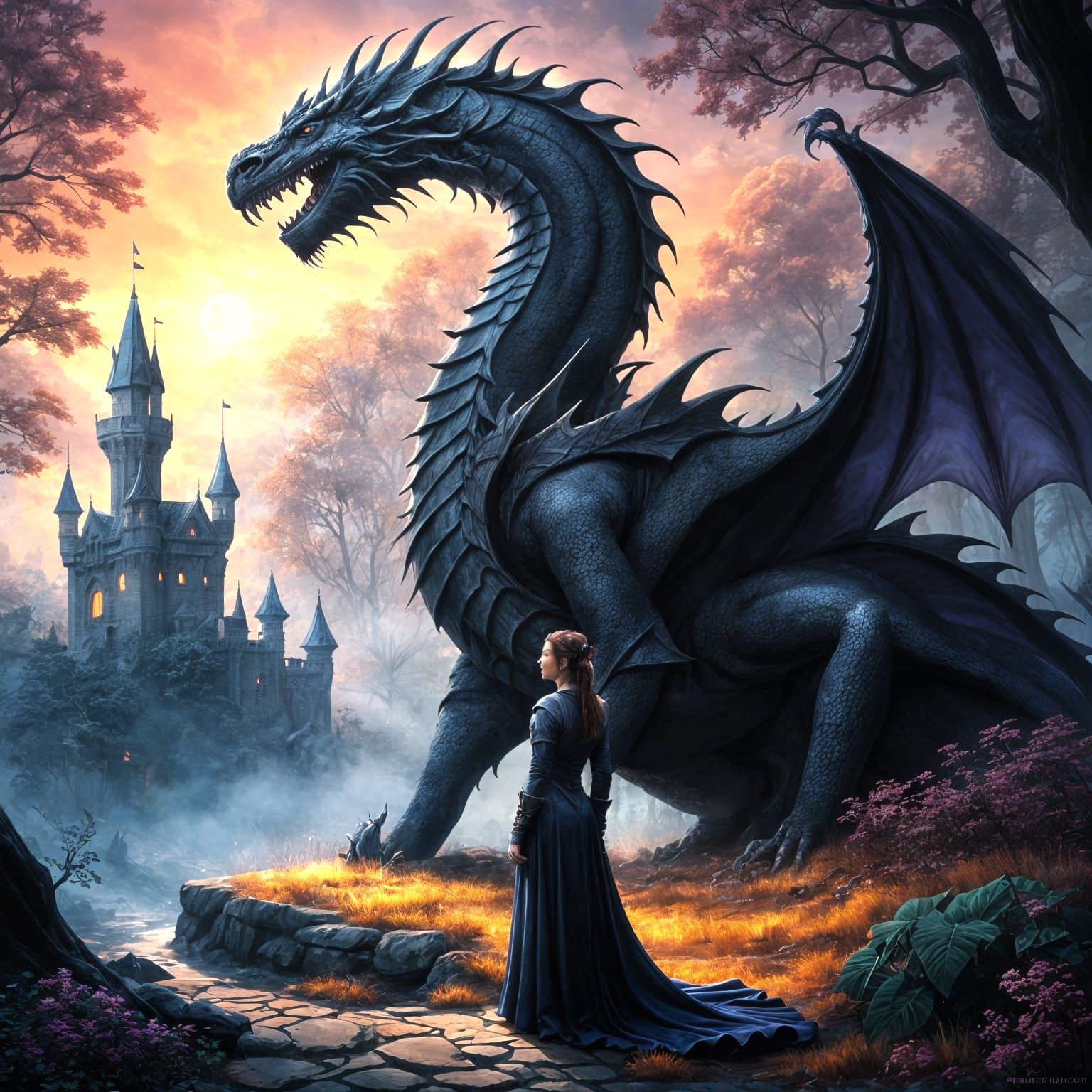 Knight and Dragon in Fantasy Landscape