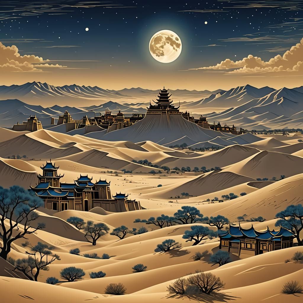 Night Desert Vector with Mogao Grottoes