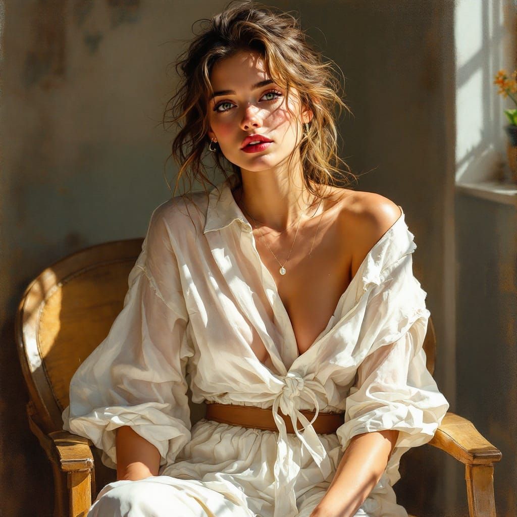 Warm Oil Portrait of a Charming Woman in a Cozy Afternoon Se...