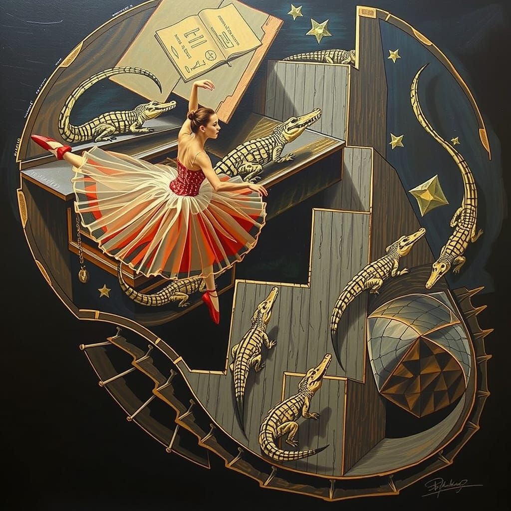 Ballerina Dances with Crocodiles on Piano