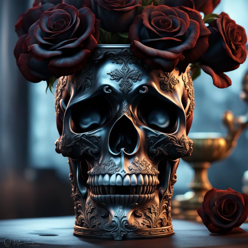 Crystal Skull Vase with Black Roses