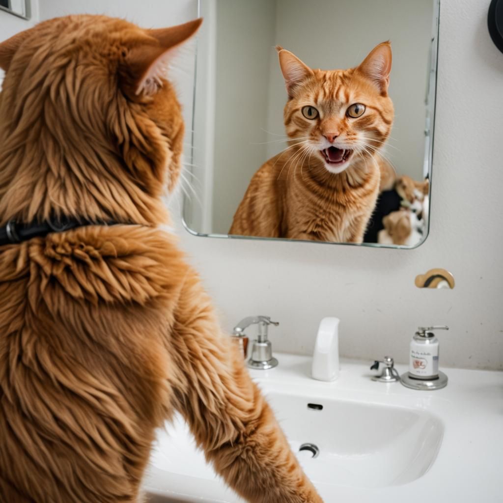 Sleepy Tabby Cat Stares into Mirror