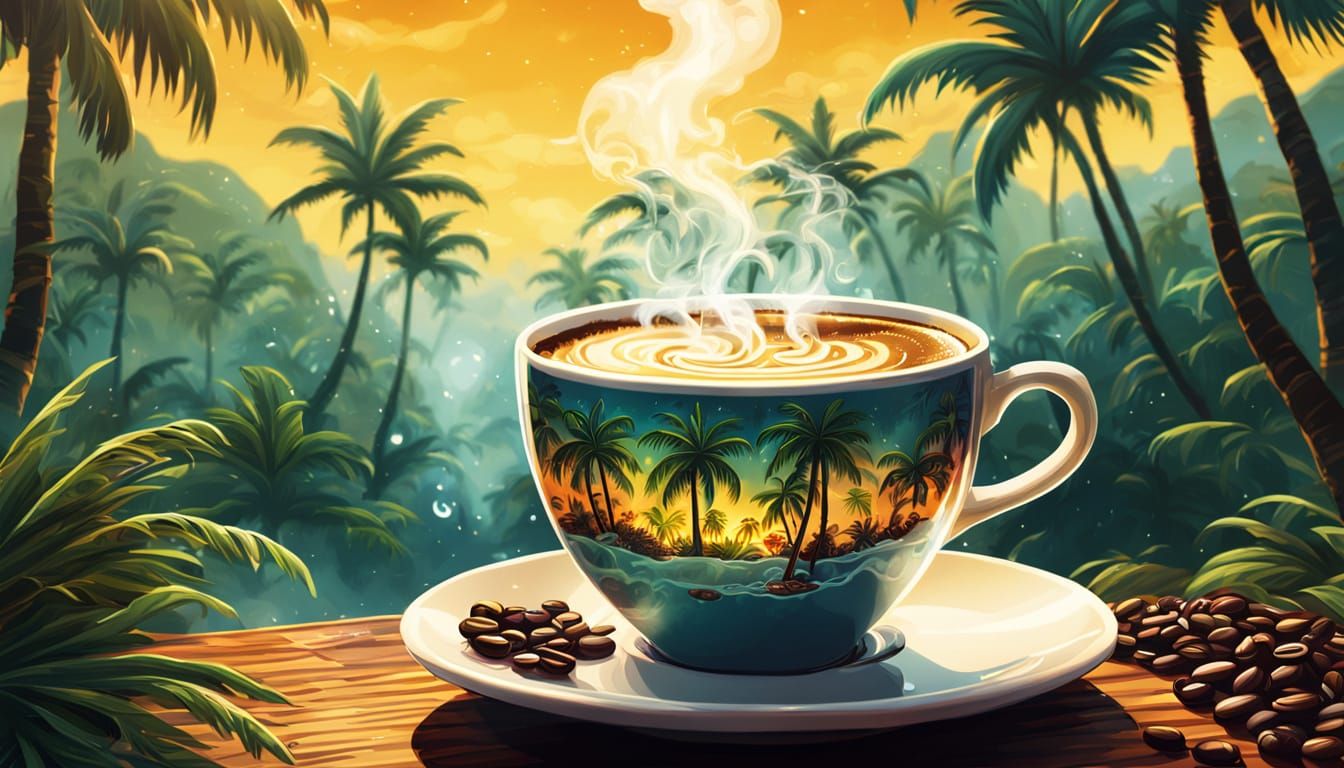 Tropical Paradise Inside Steaming Coffee Cup