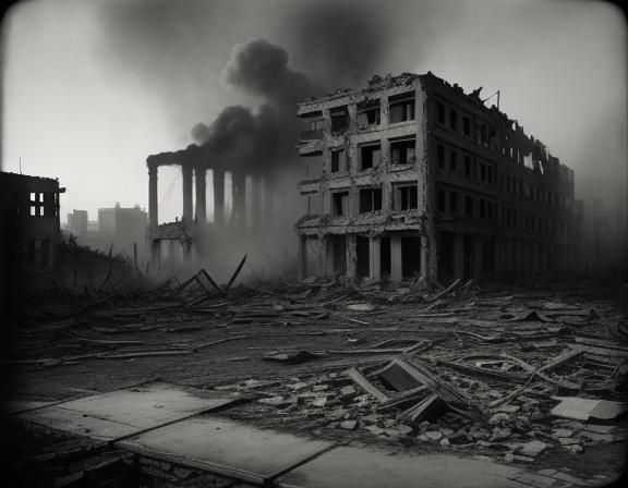 Monochrome Cityscape: Hospitals and Schools in Ruins
