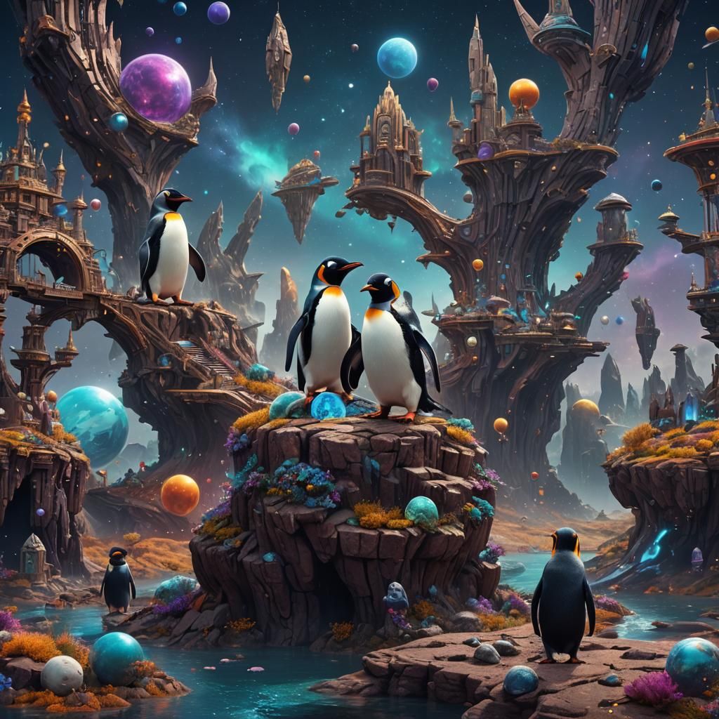 Cosmic Penguin in Detailed Matte Painting