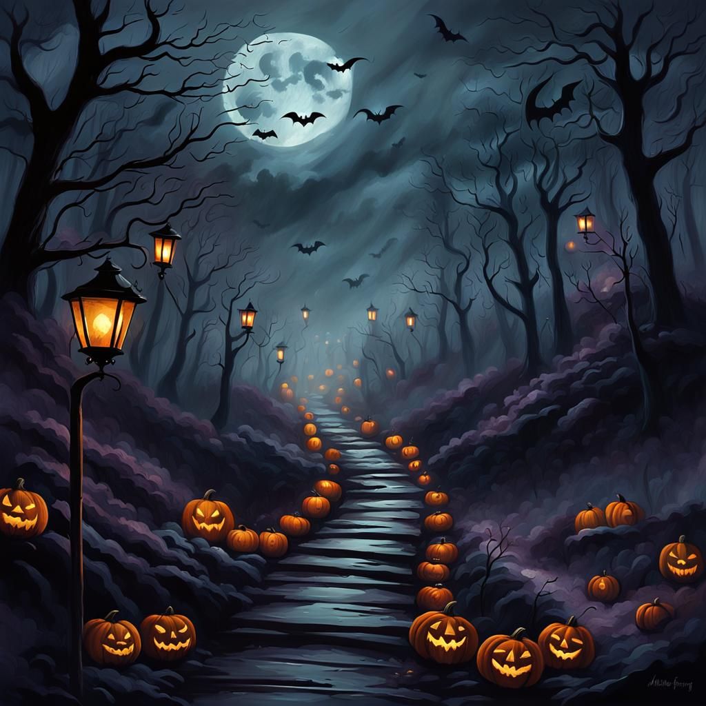 Eerie Forest Path with Pumpkin Lanterns Painting
