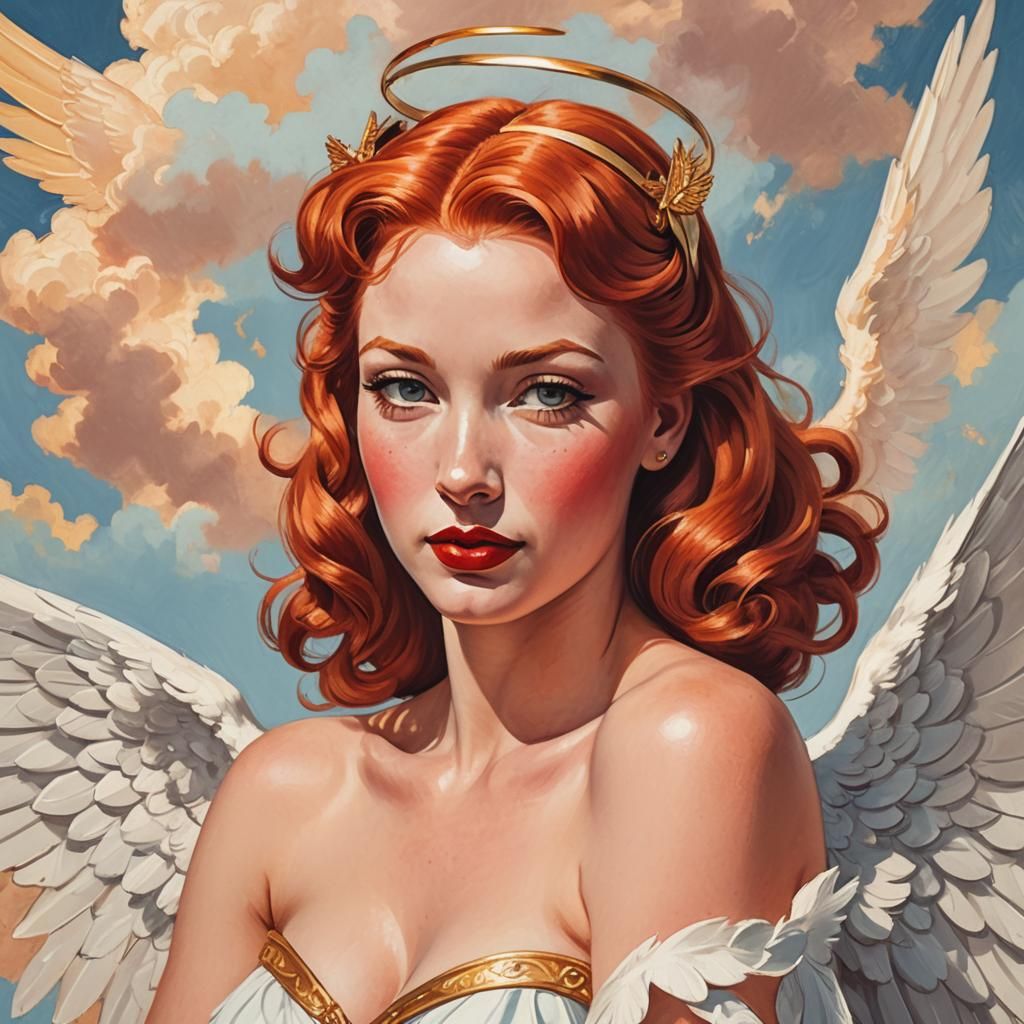 Retro Pinup Angel in Gouache Illustration Style