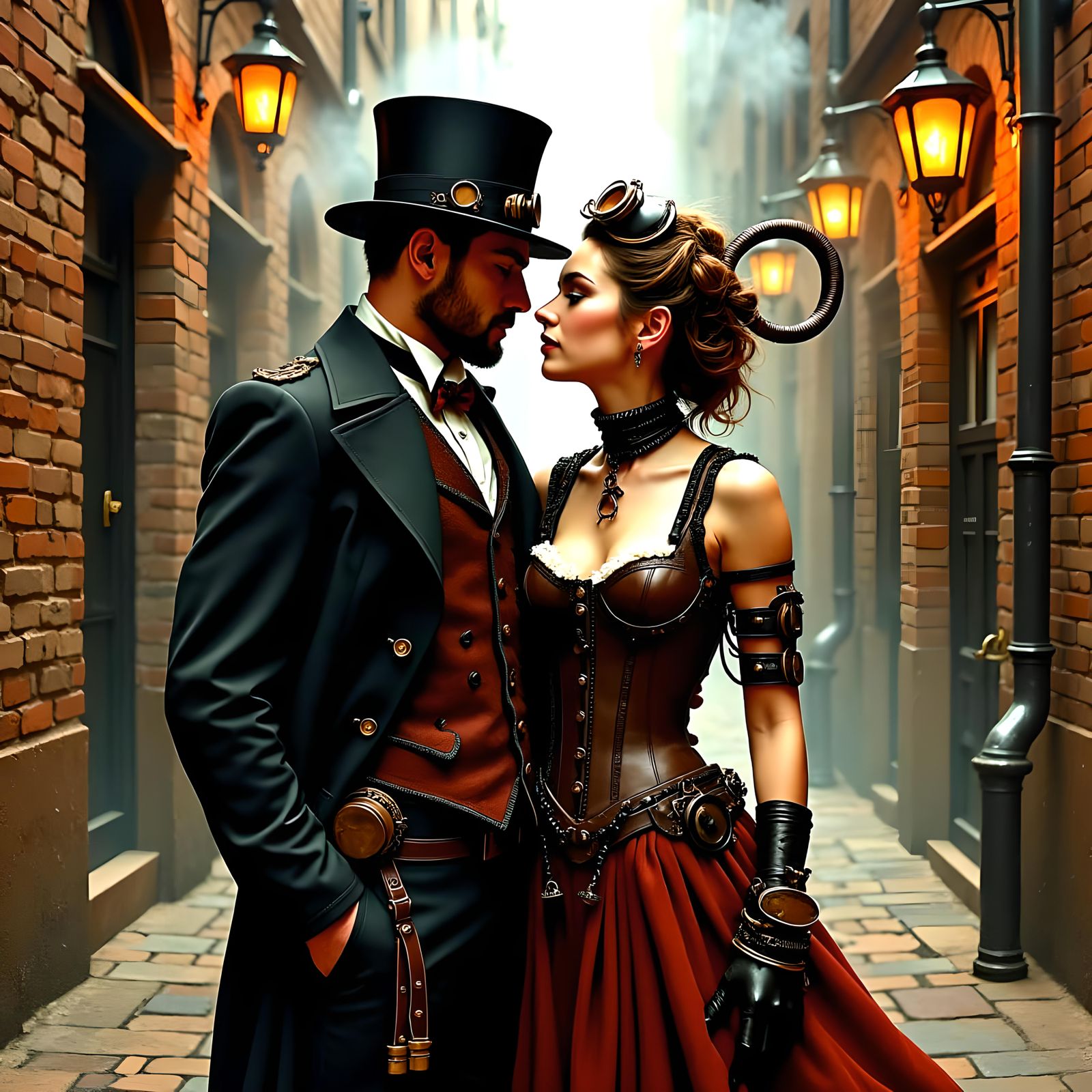 By pino daeni, steampunk couple, painterly style, rough bruh...