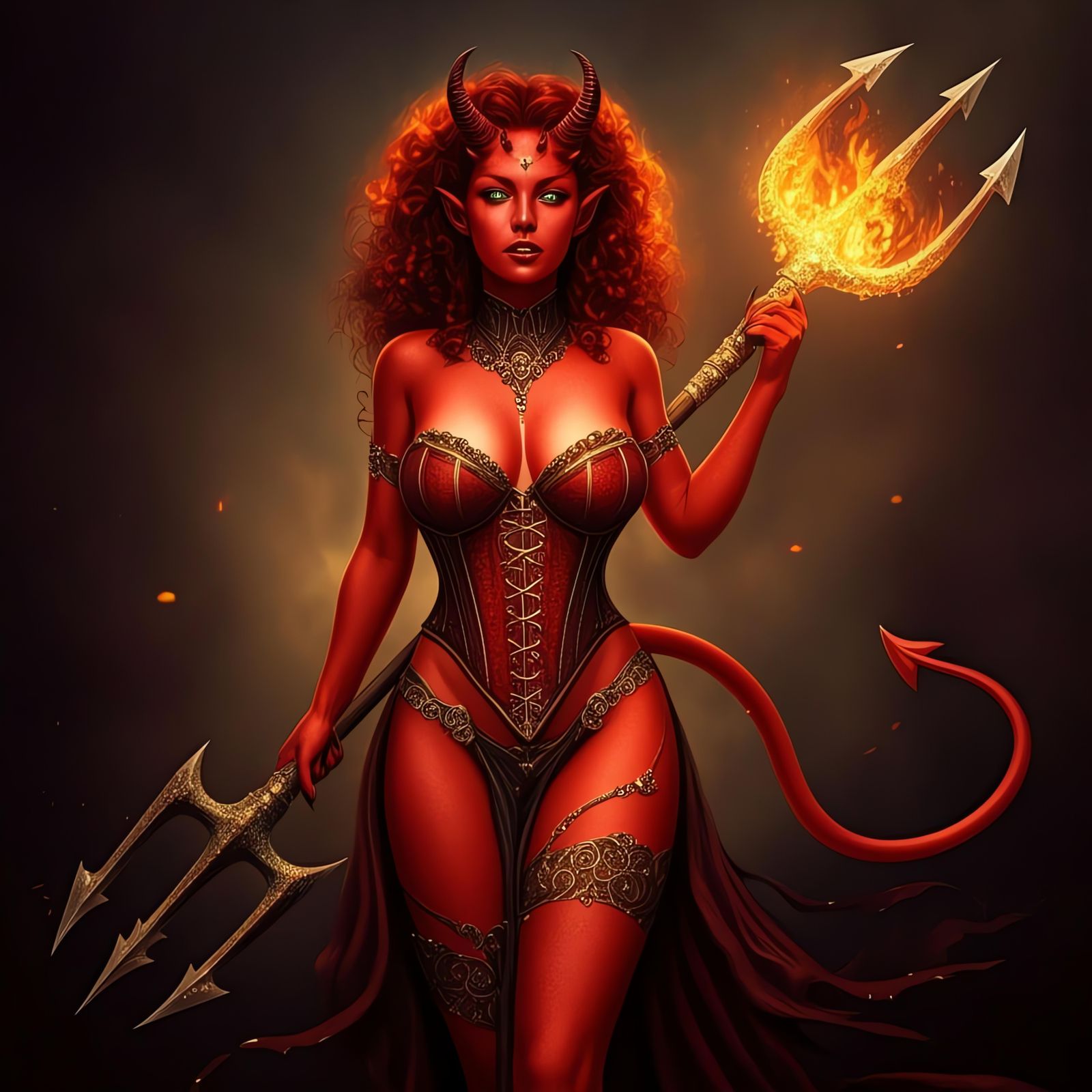 Striking Red Devil Woman with Pitchfork in Flames