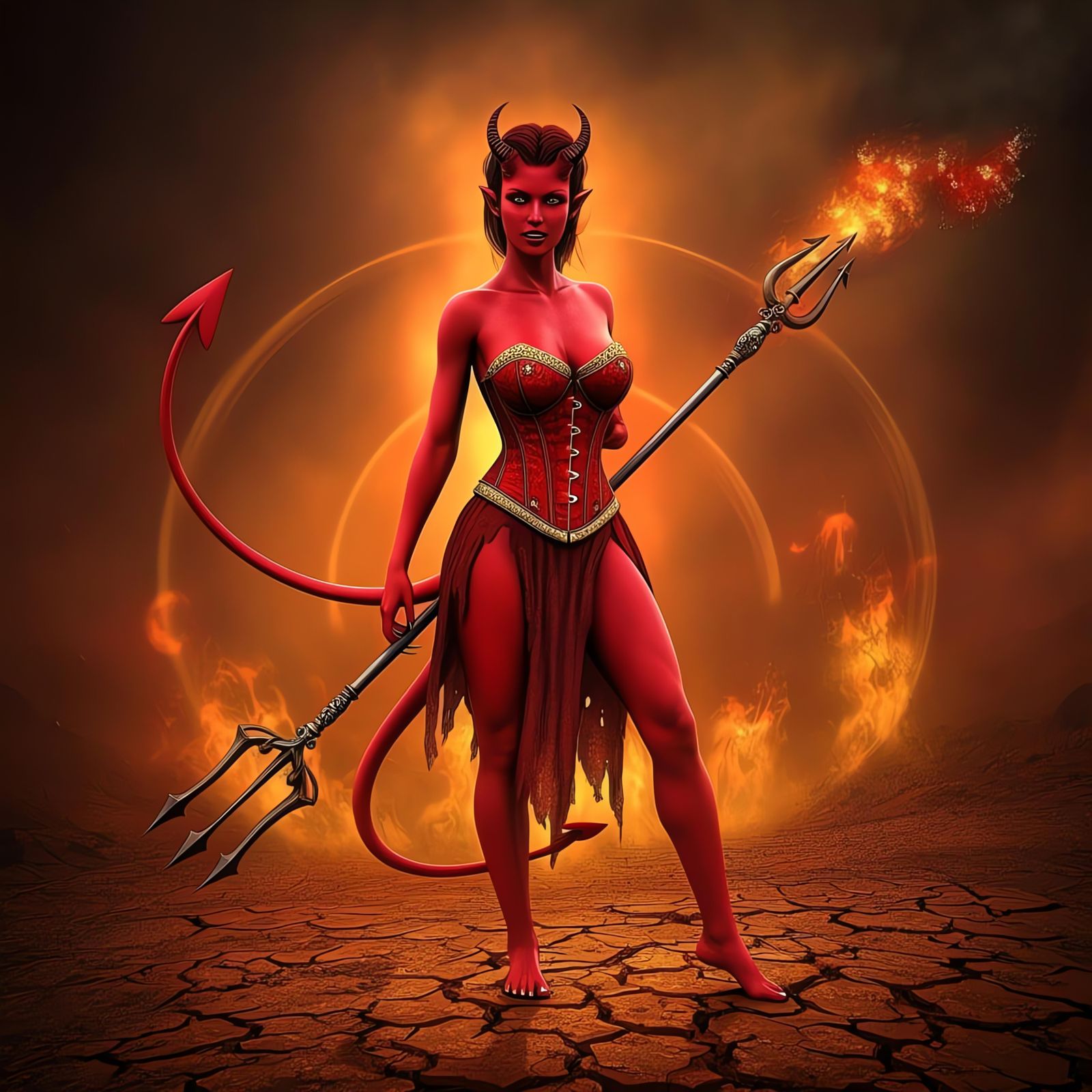 Striking Red Devil with Pitchfork in Flames