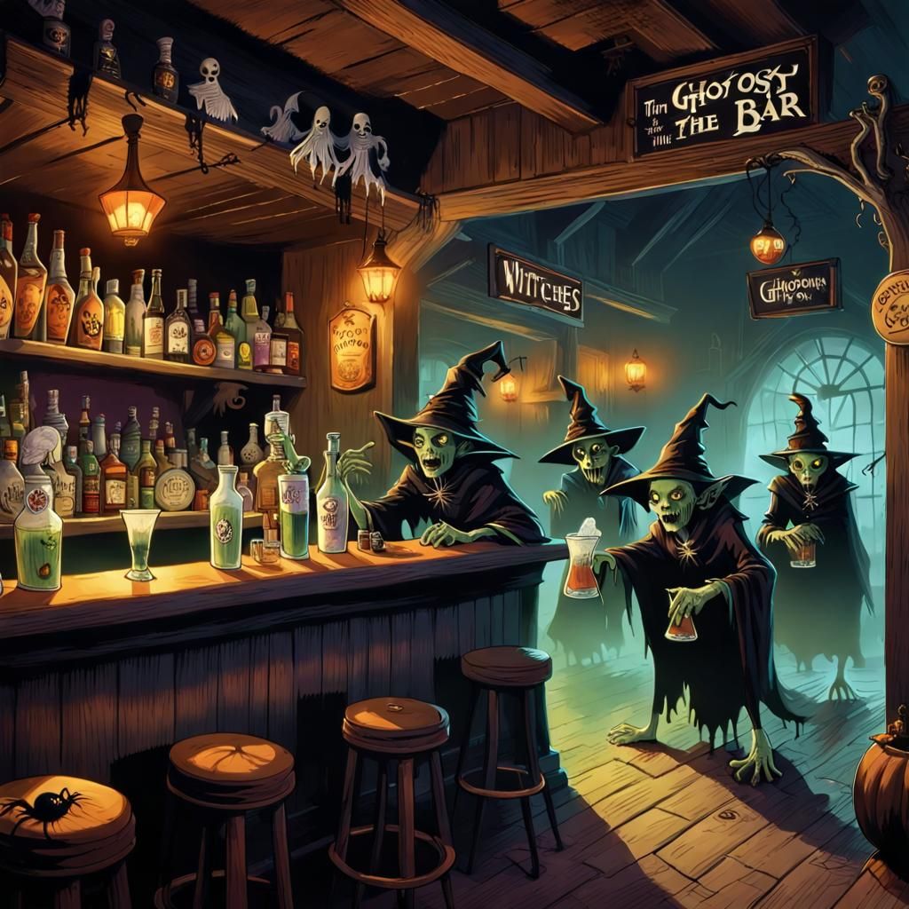 Goblins and ghouls sitting in the spooky Town bar, "Town seen through the bar doors" ghost floating by, witches bartendi...