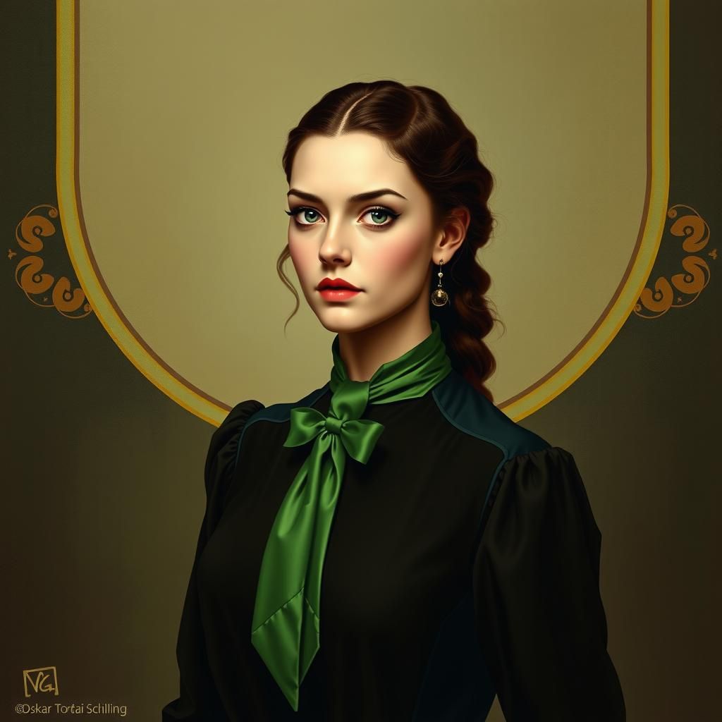 Art Nouveau Portrait of Woman with Green Tie