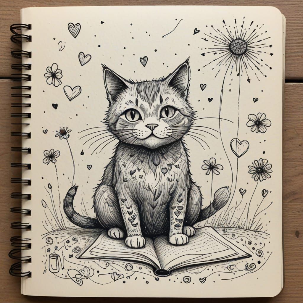 Whimsical Cat Sketch in Diary Style