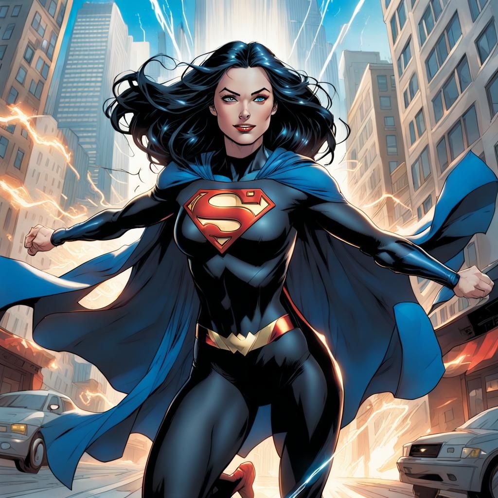 Supergirl in Black Suit Flying, Comic Book Art