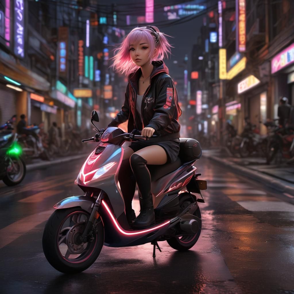 Anime Lady Rides Scooter in Neon Cityscape